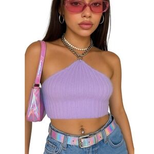 NEW PrettyLittleThing XS Lilac‎ Halter Top Chain Detail Fuzzy Knit Cropped Y2k